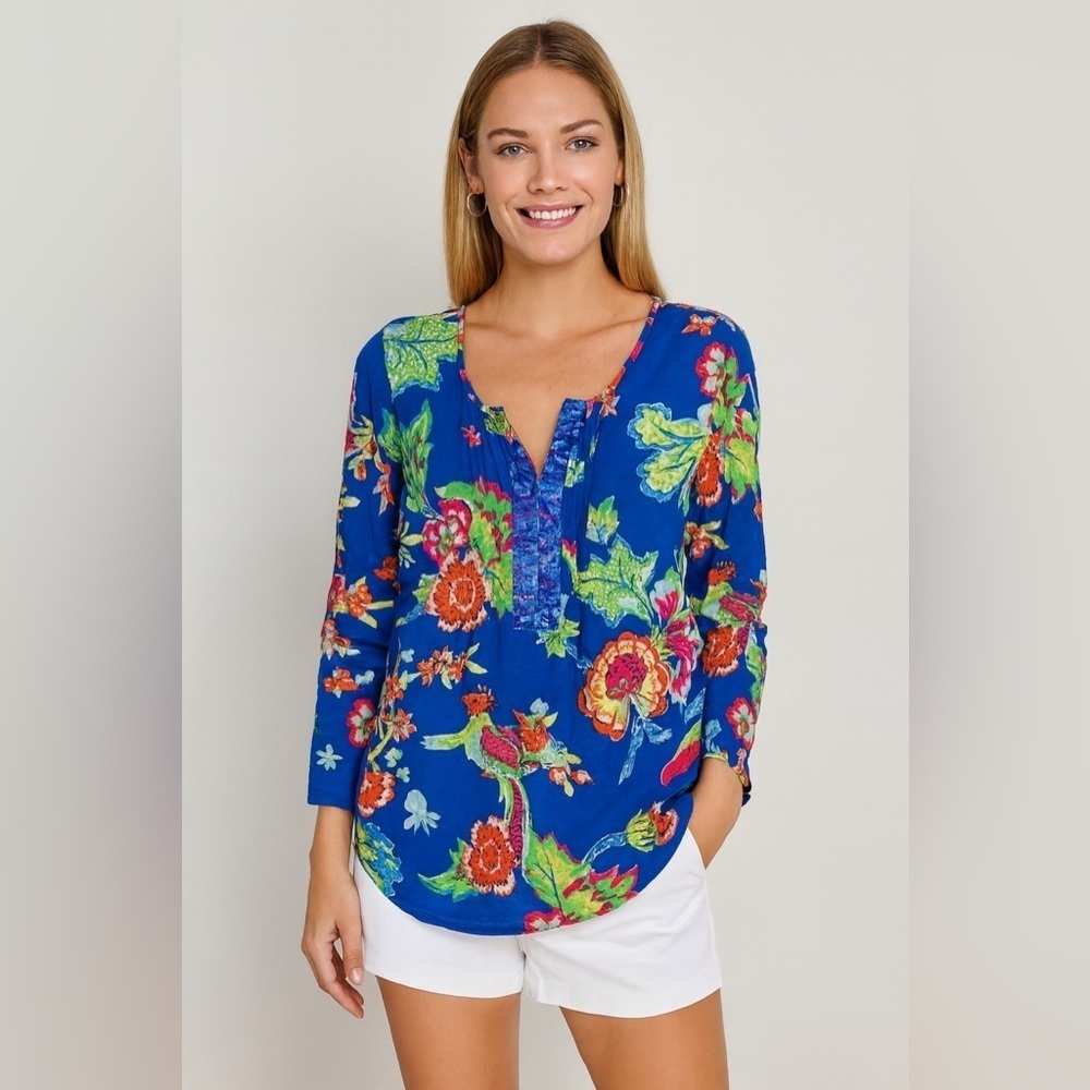 Island Republic Tropical Floral Print 100% Cotton Tunic Top Sequins Blue Small